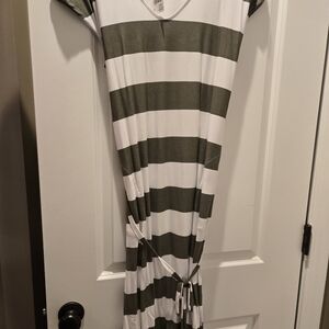 Striped Maxi Dress in White and Olive